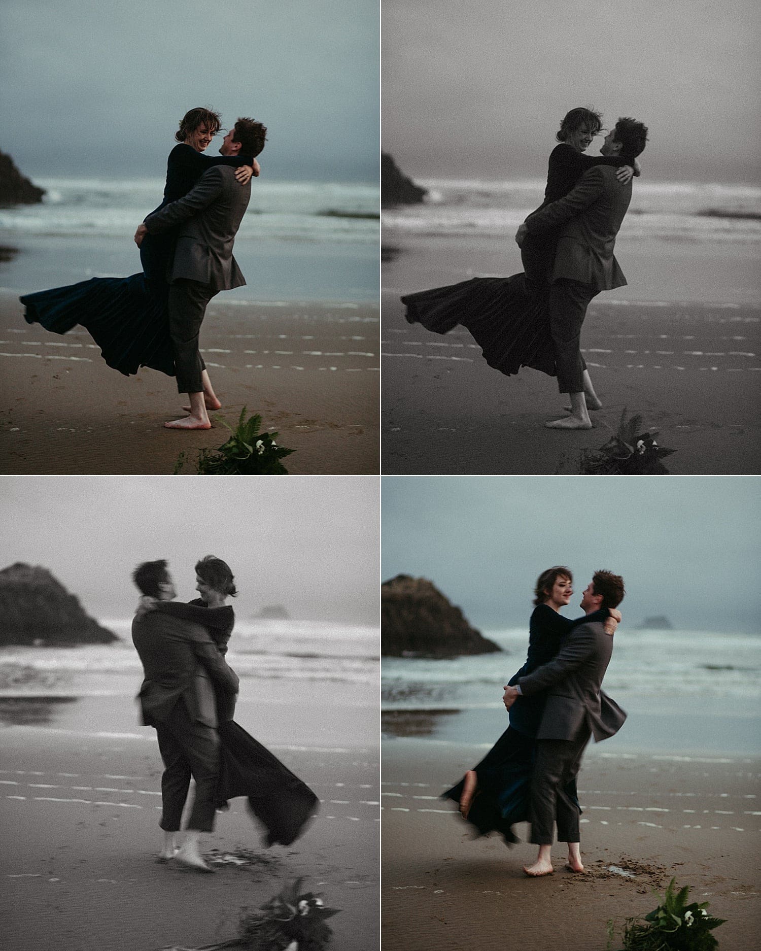 four color and black and white photos of groom picking up bride and twirling her around on moody oregon coast elopement at hug point by marcela pulido photography