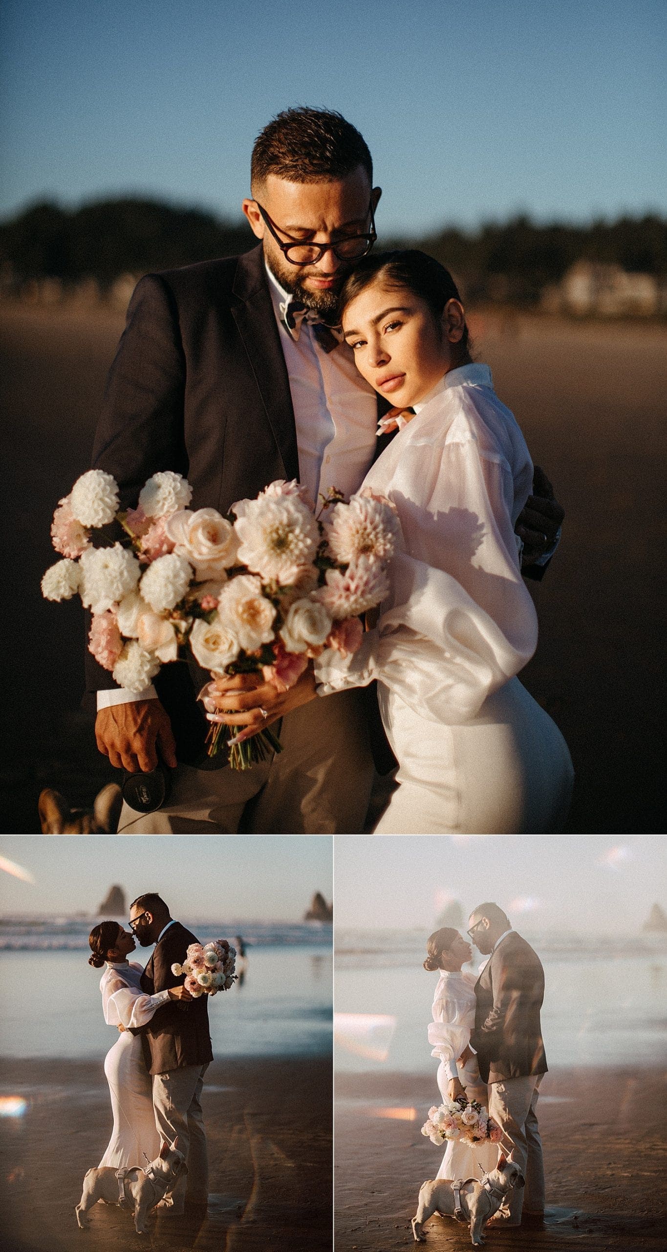 dreamy ethereal portraits of elegant high end newlywed couple at cannon beach captured by marcela pulido portland oregon wedding photographer