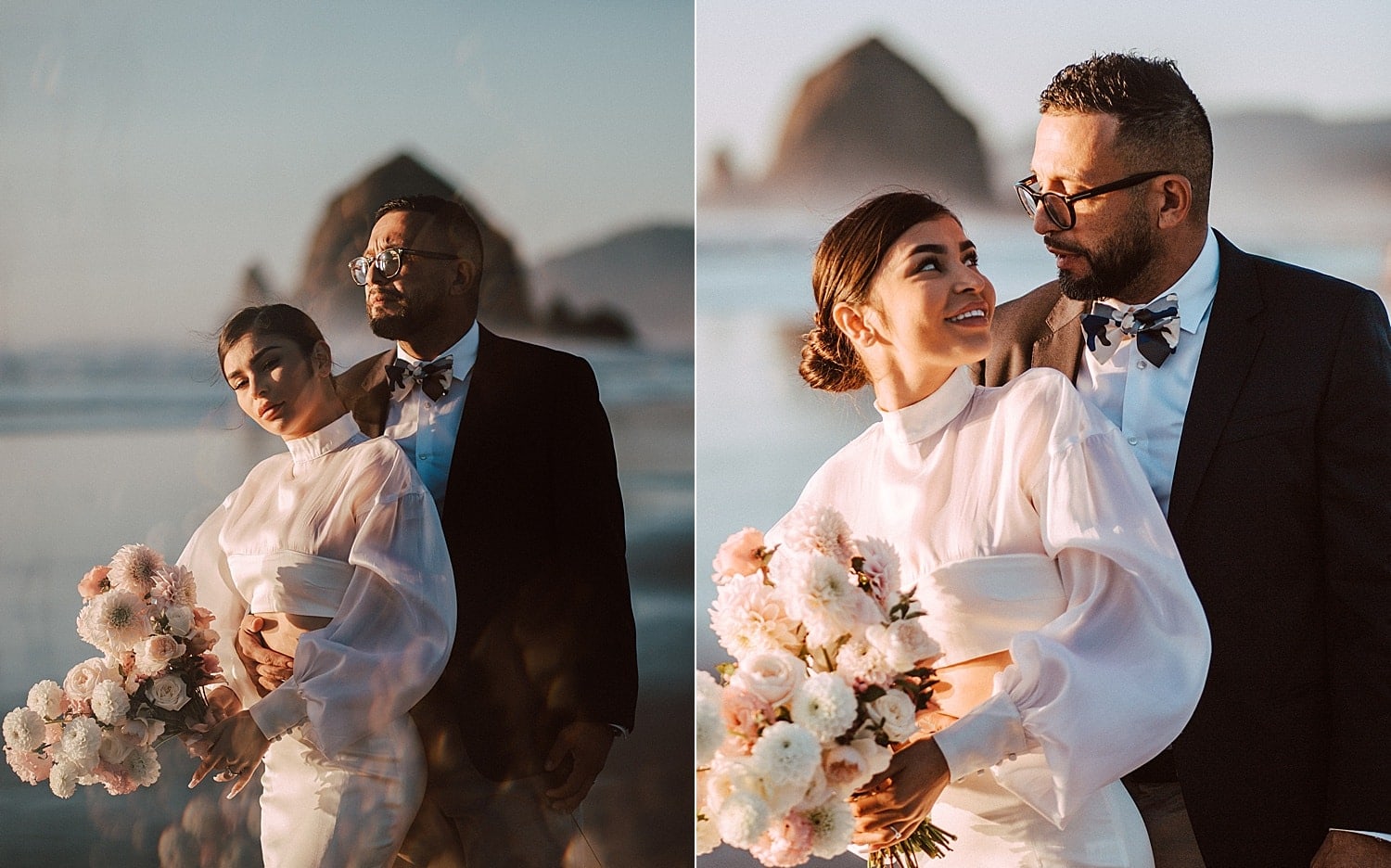 cute and dreamy luxury high end couple embracing at cannon beach with two piece bridal gown captured by marcela pulido portland oregon wedding photographer