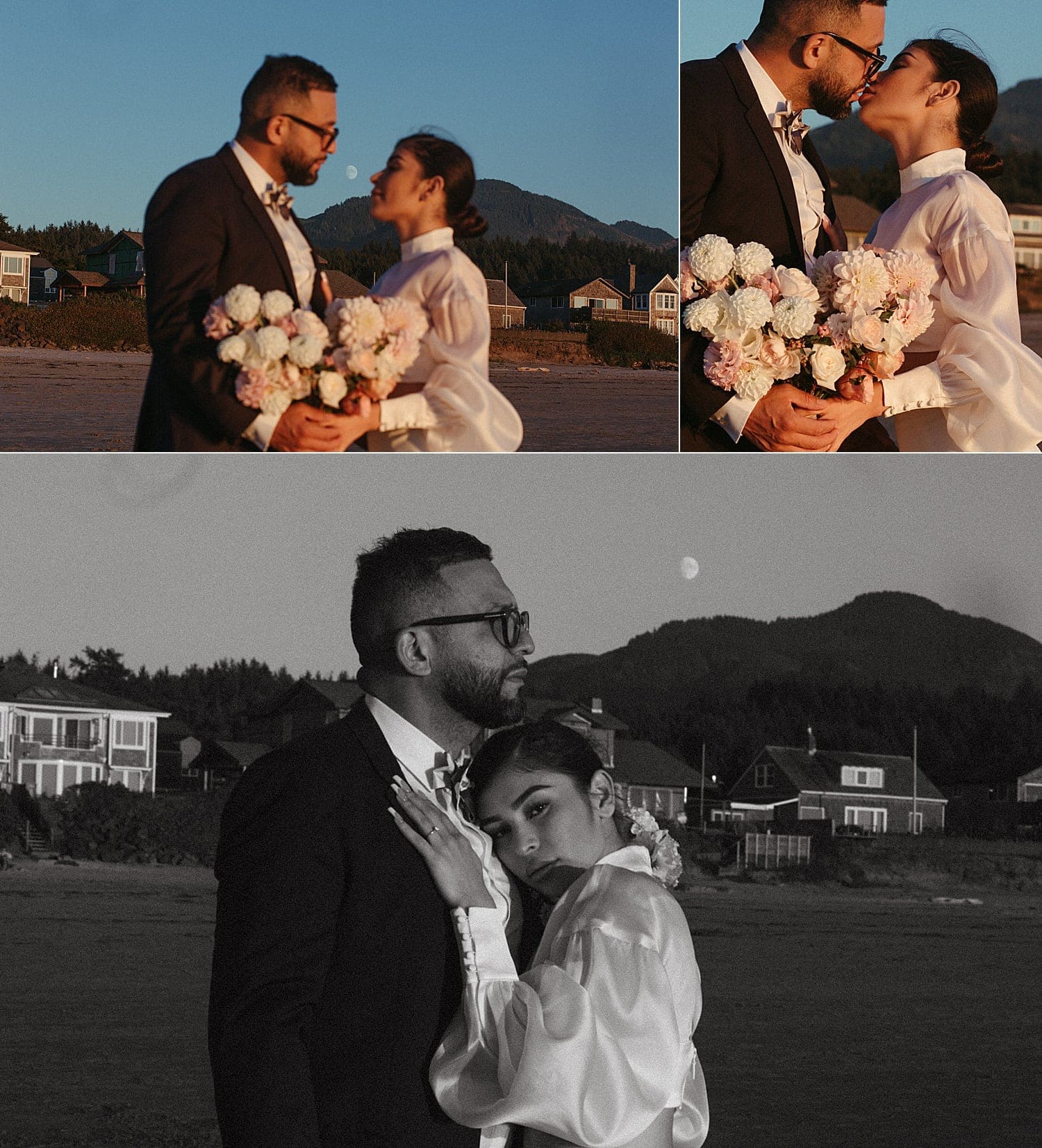 dreamy portraits of newlywed couple with the moon in the background for their cannon beach elopement captured by marcela pulido portland oregon wedding photographer
