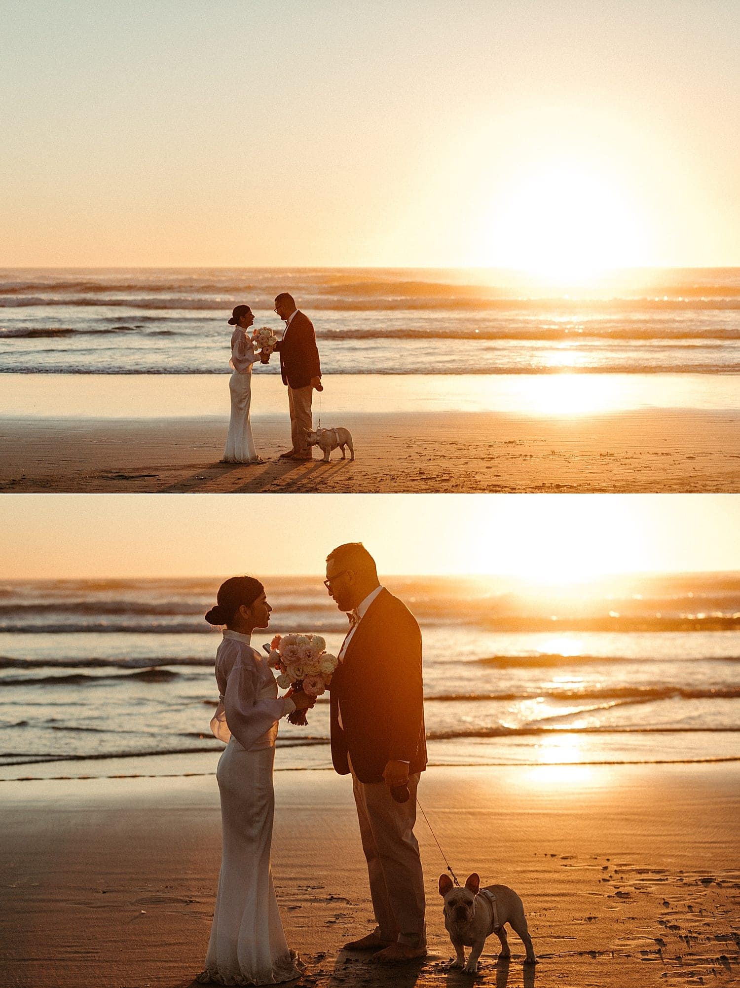dreamy beautiful stunning golden hour beach newlywed portraits with french bulldog at cannon beach elopement captured by marcela pulido portland oregon wedding photographer