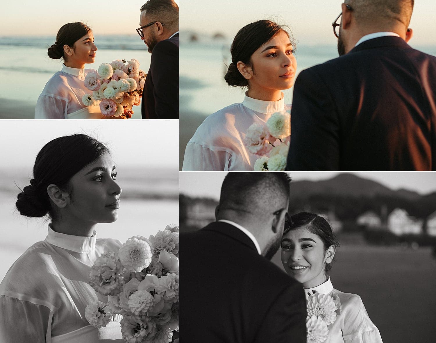 emotional stunning latina bride looking at her groom with utmost romance at cannon beach elopement captured by marcela pulido portland oregon wedding photographer