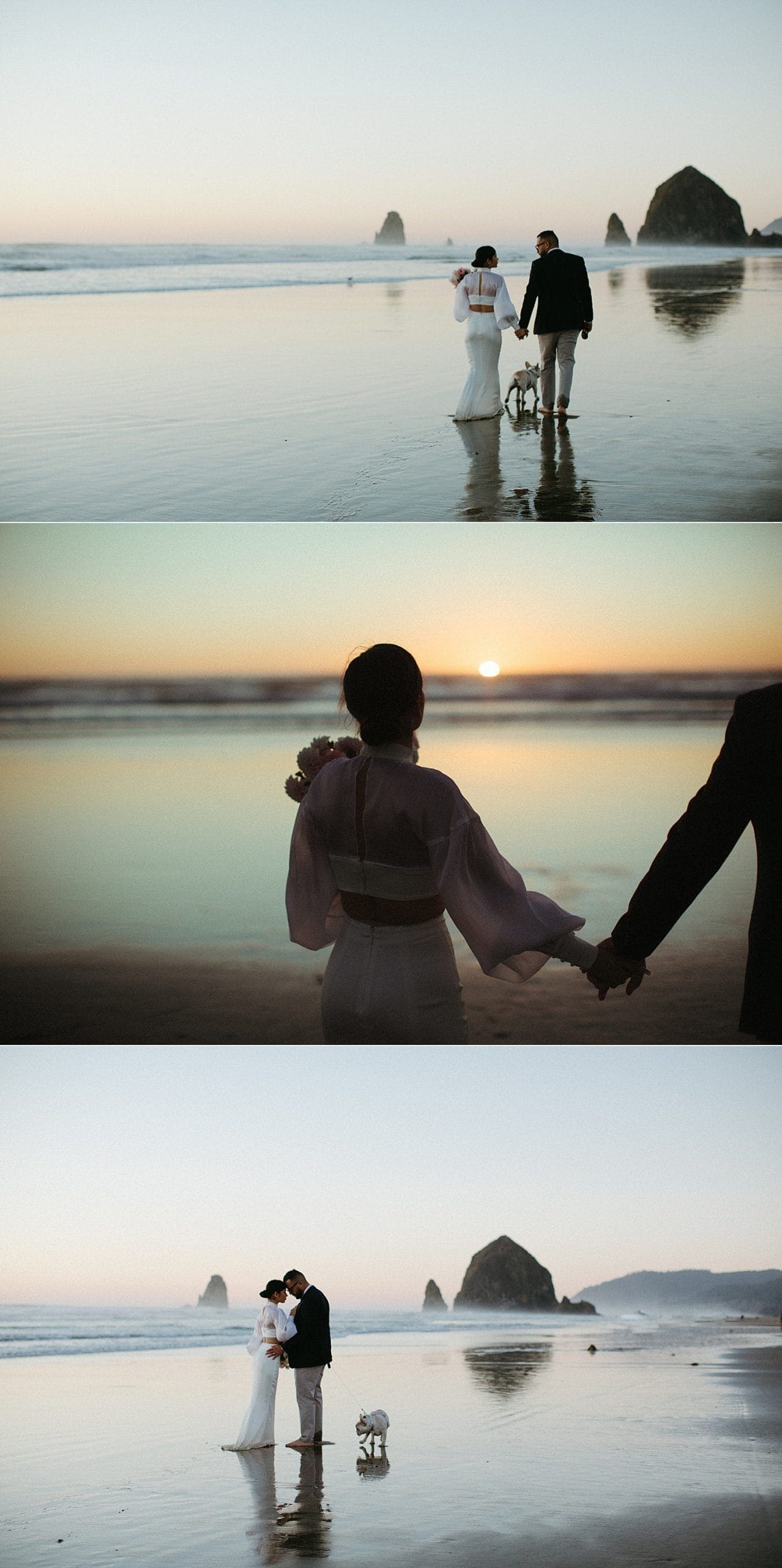 dreamy cinematic sunset portraits of couple with french bulldog walking away haystack rock cannon beach elopement captured by marcela pulido portland oregon wedding photographer