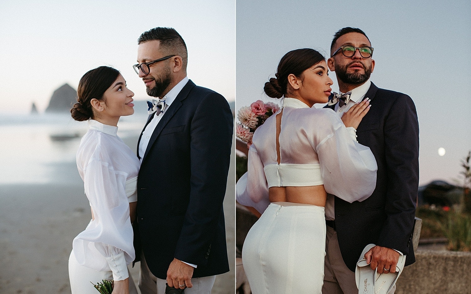 beautiful stunning newlywed latino couple at cannon beach elopement captured by marcela pulido portland oregon wedding photographer