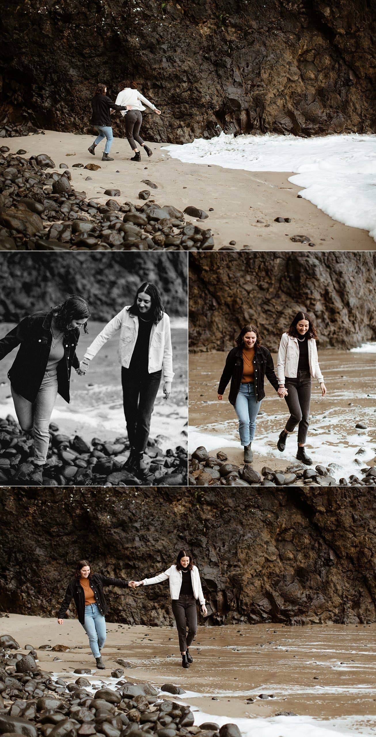 cute and intimate portraits of a same sex lesbian couple walking on the oregon coast by Marcela Pulido Portland Wedding Photographer