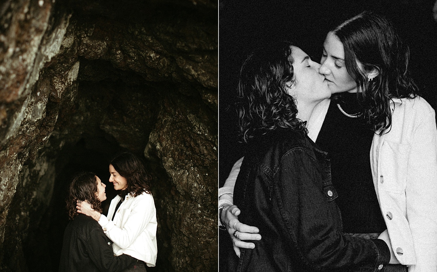 romantic embrace of a same sex lesbian couple kissing on the oregon coast framed by a cave by Marcela Pulido Portland Wedding Photographer