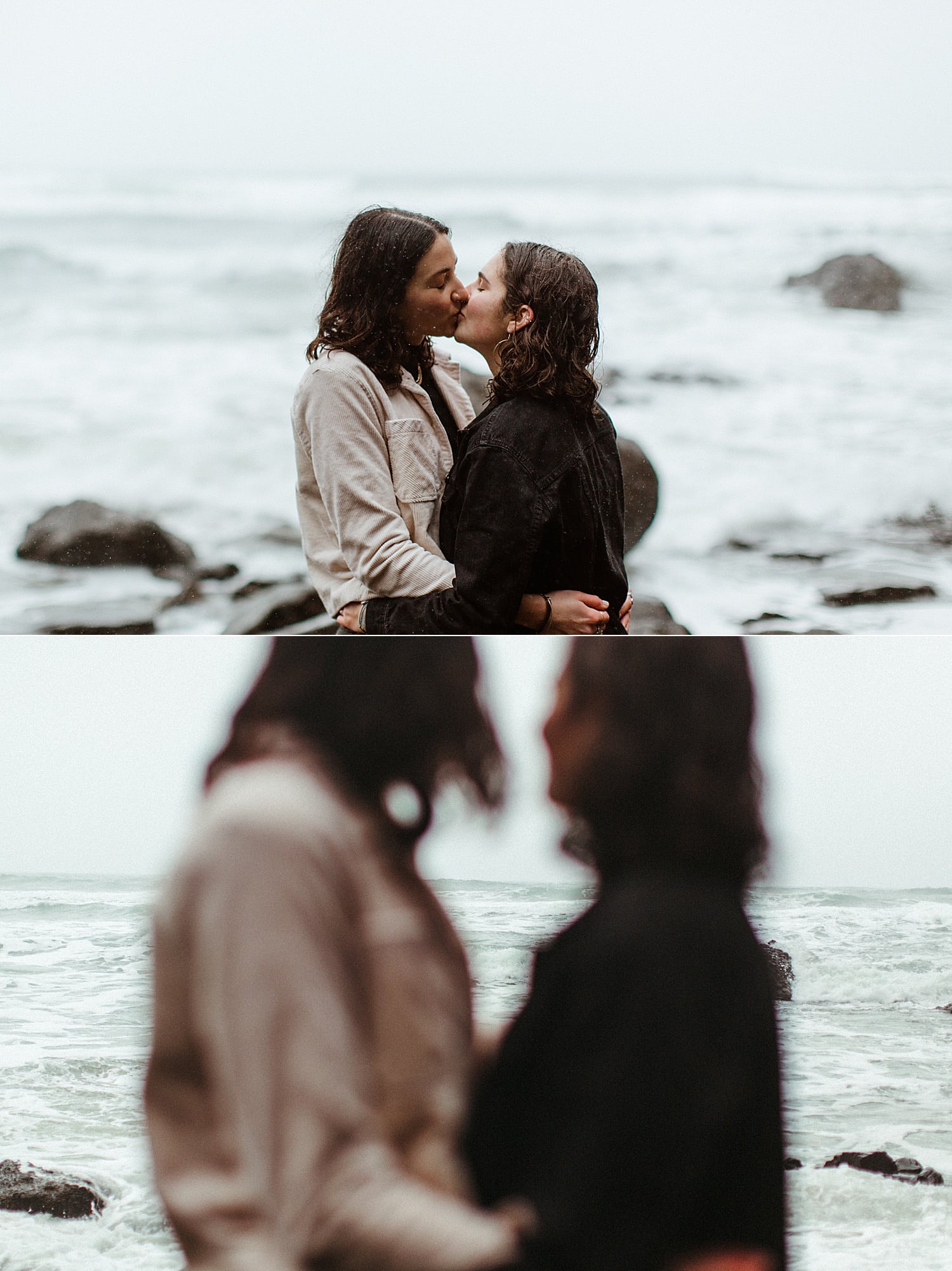 cinematic diptych of a same sex lesbian couple kissing on the Oregon Coast by Marcela Pulido Portland Wedding Photographer