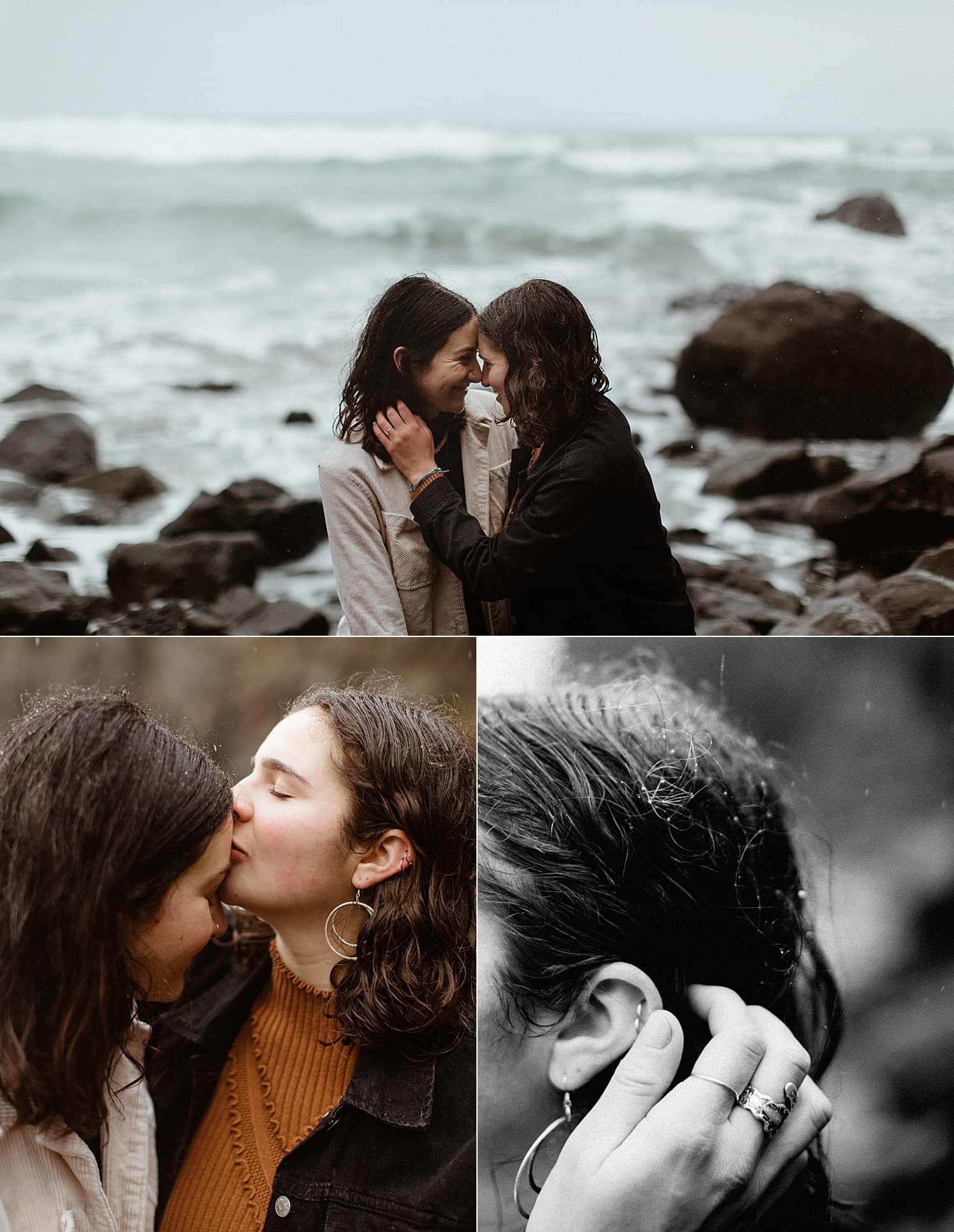sweet same sex lesbian couple on the Oregon coast with a close up shot of the raindrops on their hair by Marcela Pulido Portland Wedding Photographer