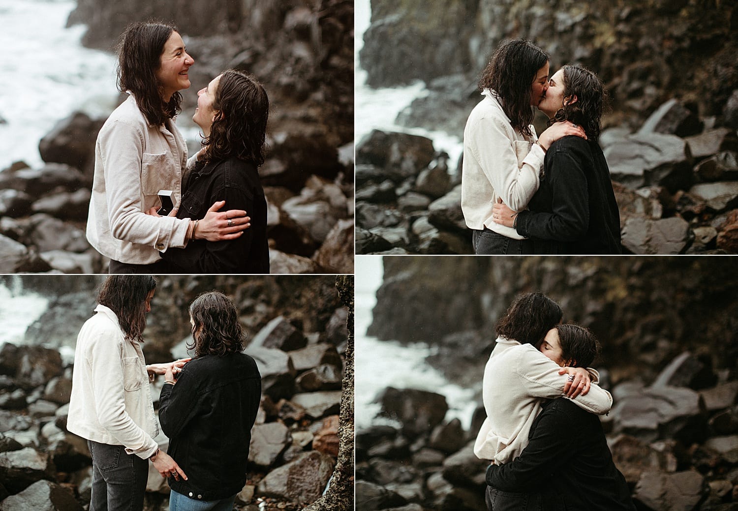 four photos of a same sex lesbian proposal on the Oregon Coast by Marcela Pulido Portland Wedding Photographer