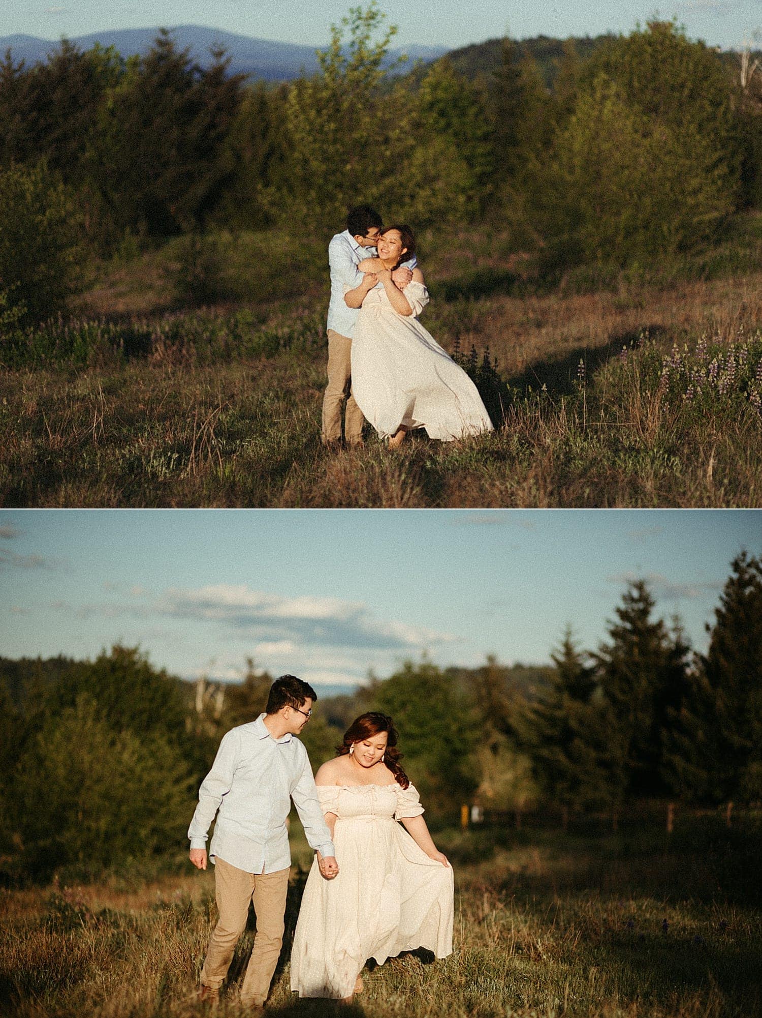adorable asian couple embracing in a field during golden hour at powell butte park in portland oregon cottagecore engagement session