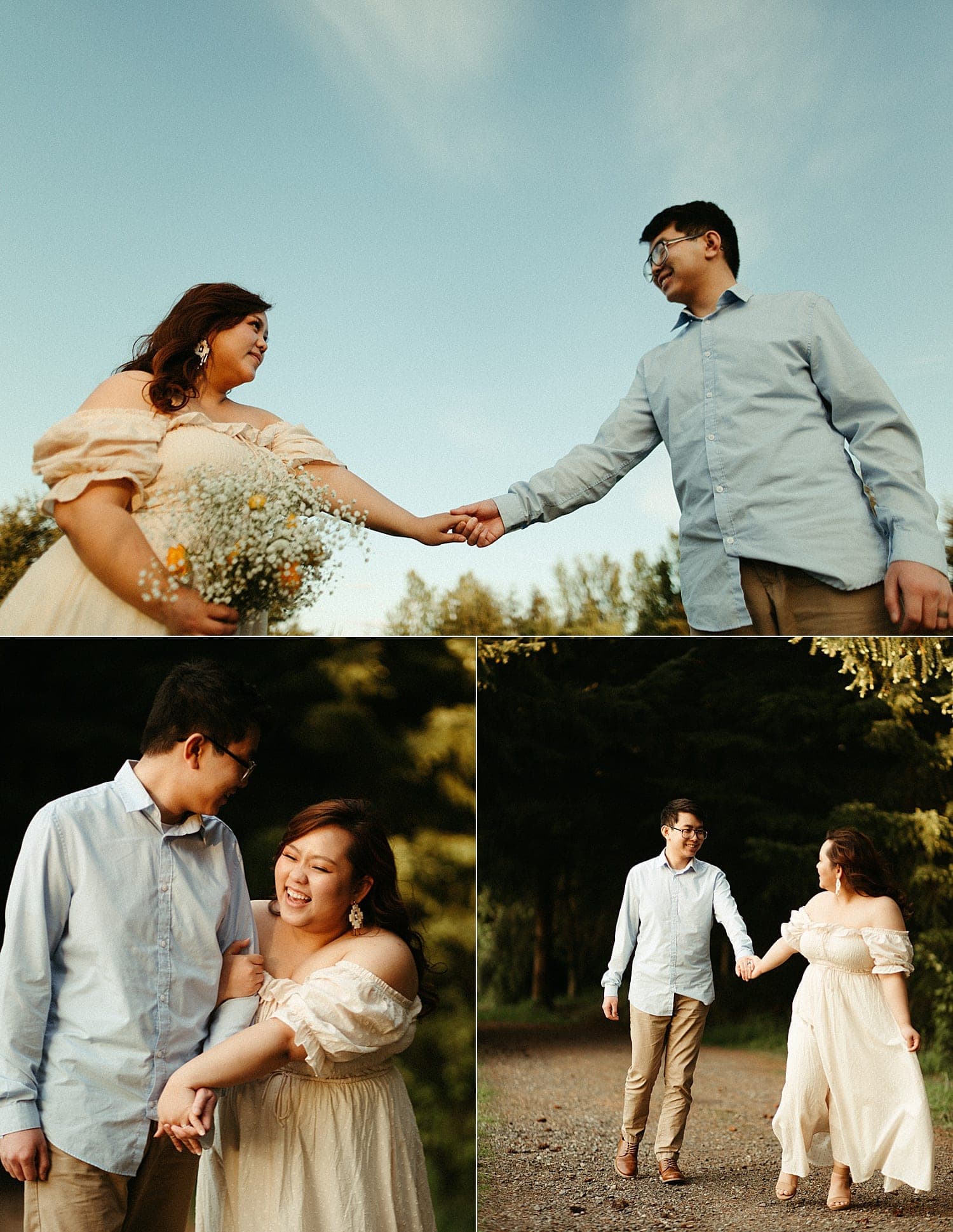 adorable asian couple embracing and walking in a forest cottagecore engagement session