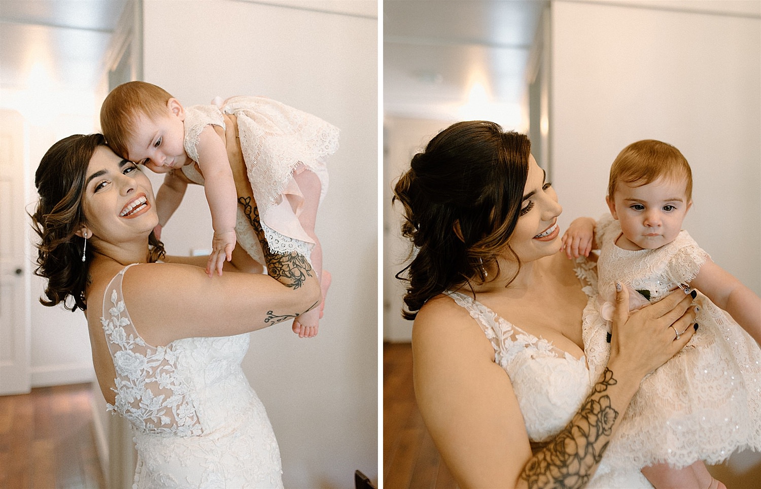 beautiful bride getting ready with her baby girl