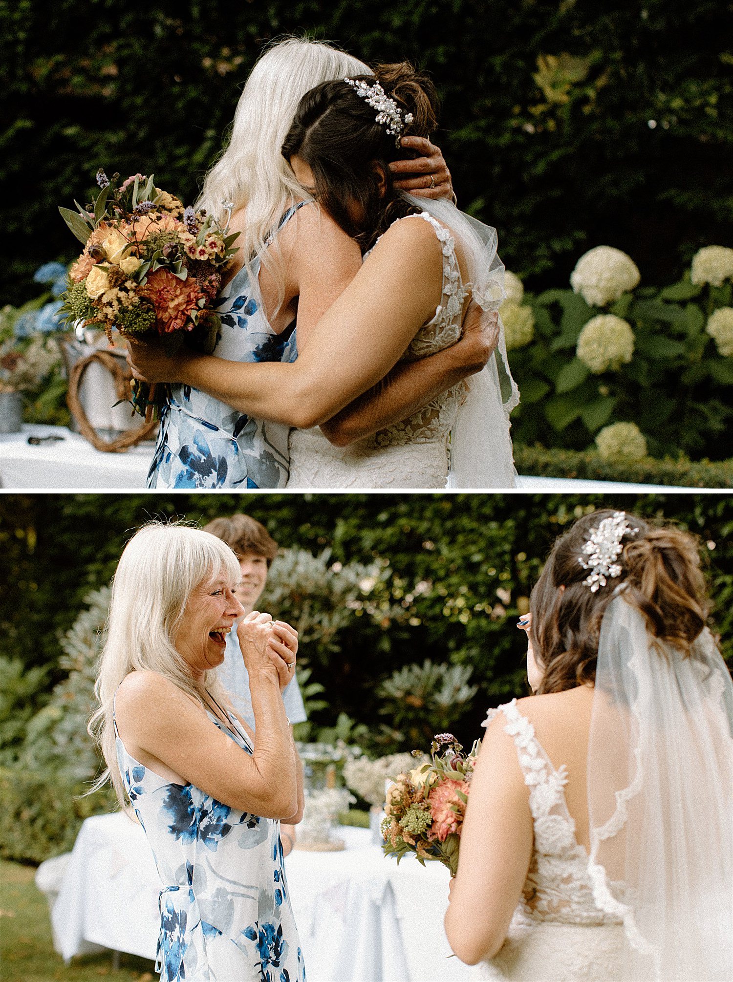 guest reaction cries and hugs at seeing the bride on her wedding day